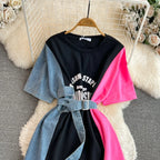 XFPV 2025 Summer Fashion Short Sleeve Round Neck High Waistband Slim A-line Denim Printed Patchwork Dress For Women SM11498