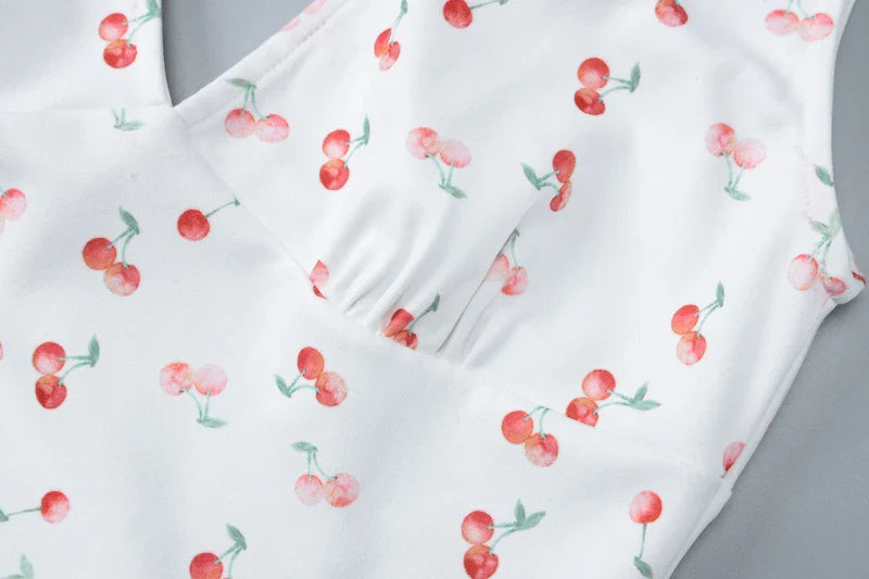 Hugcitar 2024 Cherry Print Straps Backless Draped Sexy Bodycon Mini Dress Summer Women Elegant Clothes Birthday Party Vacation