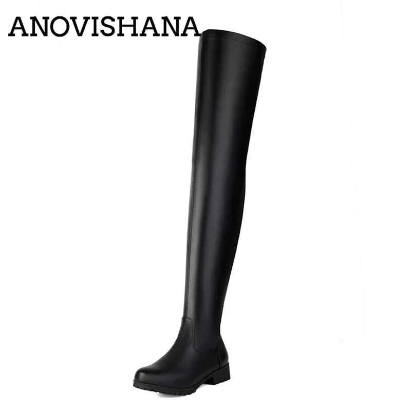 ANOVISHANA New Winter Autumn Over Knee Boots 3.5cm Square Heel Round Toe Leather Thigh High Fashion Big Size 45 46 47 48 US17