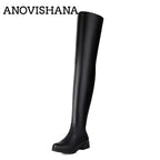 ANOVISHANA New Winter Autumn Over Knee Boots 3.5cm Square Heel Round Toe Leather Thigh High Fashion Big Size 45 46 47 48 US17