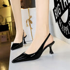 Women 6cm High Heels Retro Streetwear Catwalk Sandles Lady Daily Work Slingback Strap Elastic Mid Heels Glossy Leather Sandals