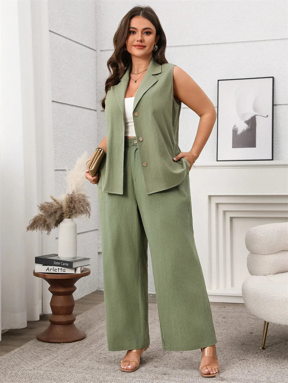 GIBSIE Plus Size Two Piece Set For Women Solid Notched Neck Sleeveless Vest And Wide Leg Pants 2025 Summer Office Ladies Suit