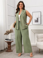 GIBSIE Plus Size Two Piece Set For Women Solid Notched Neck Sleeveless Vest And Wide Leg Pants 2025 Summer Office Ladies Suit