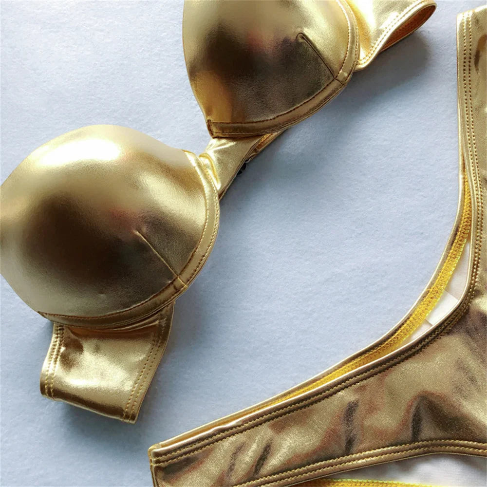 Gold Bikini Push Up Bra Women Trend Y2K Swimwear Glossy Metallic Beach Outfit Swimsuit Bath Suit Club Micro Bikinis Tangas Mujer