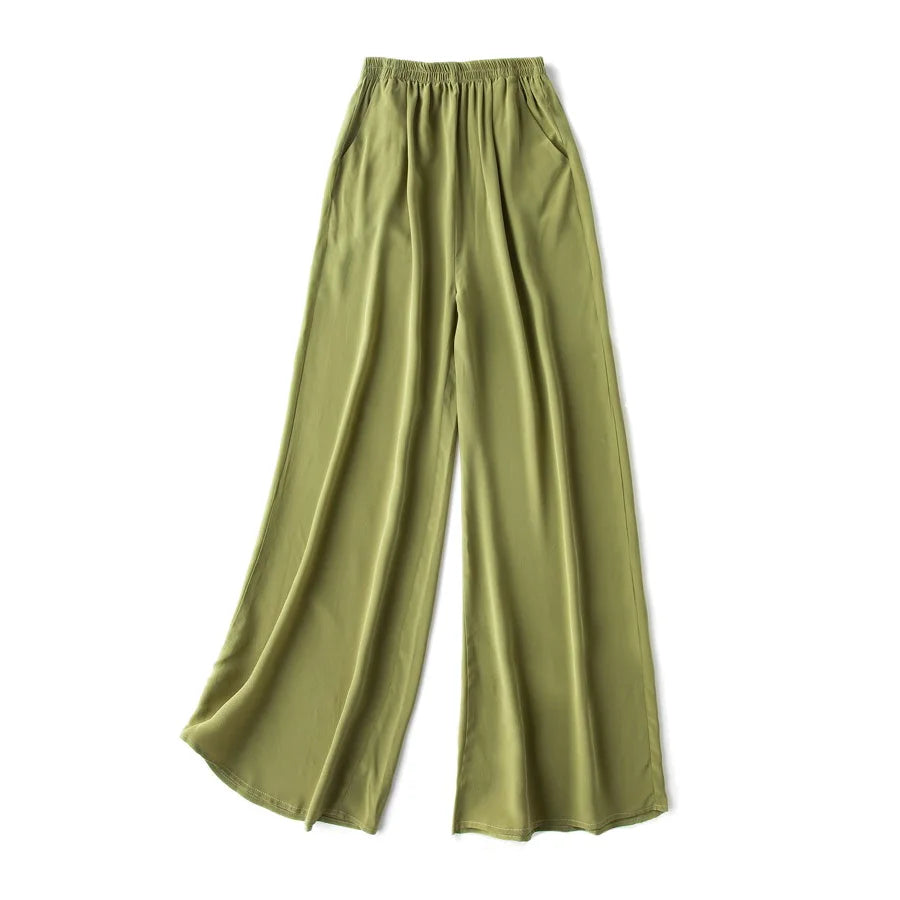 SuyaDream Women Wide Leg Pants 100%Real Silk Solid Elastic Waisted Ankle-length 2024 Office Spring Autumn Chic Trousers Black