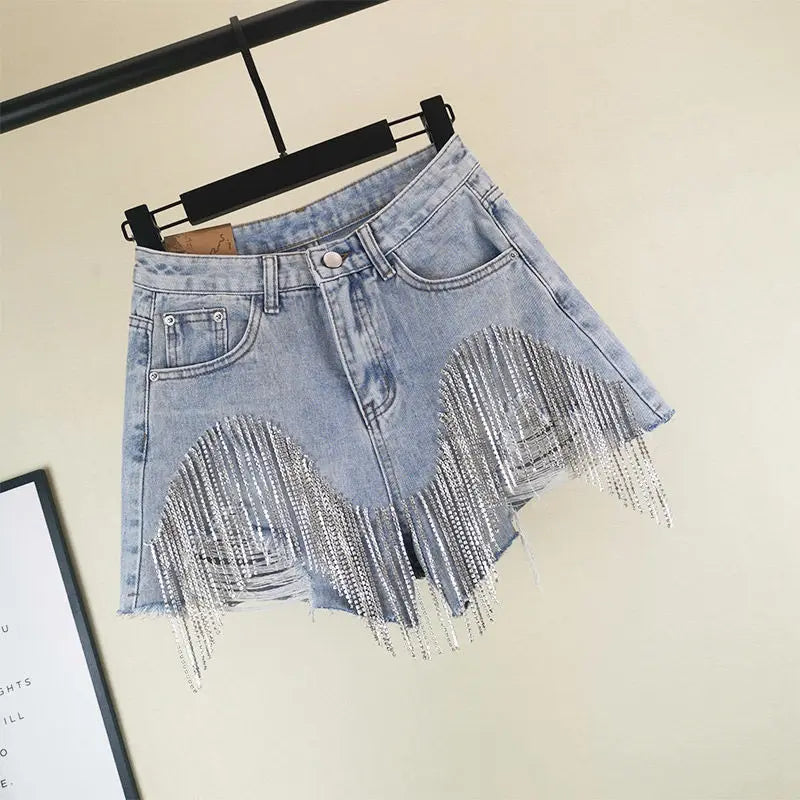Chain Jeans Women's 2022 Summer New High Waist Slim Sexy Shorts Heavy Beading Ladies Denim Shorts Women Fashion