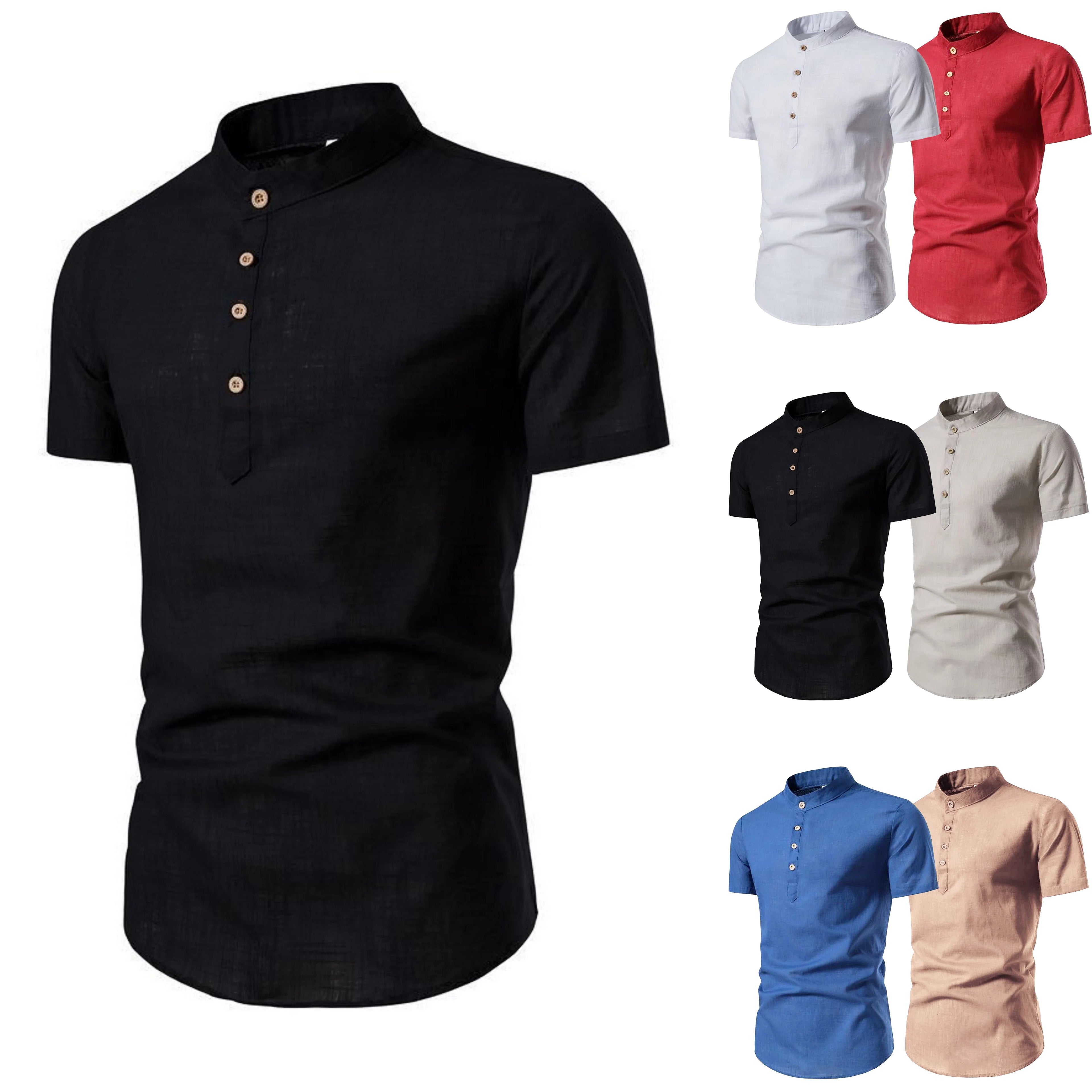 Fashionable short-sleeved cotton shirt with stand-up collar for summer outdoor activities. Men's solid color casual shirt
