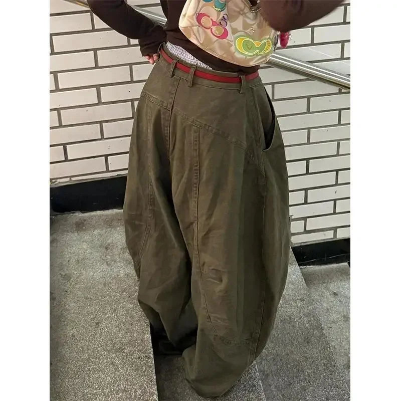 Y2K Women Streetwear Vintage Cargo Harajuku Parachute Jeans Wide Leg Gyaru American Retro Denim Pants 2000s Trousers Clothes