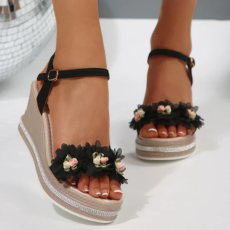 Lace Flower Wedge Heel Sandals for Women Summer Fashion Chunky Platform Sandalias Mujer Thick Bottom Non Slip Beach Shoes Woman