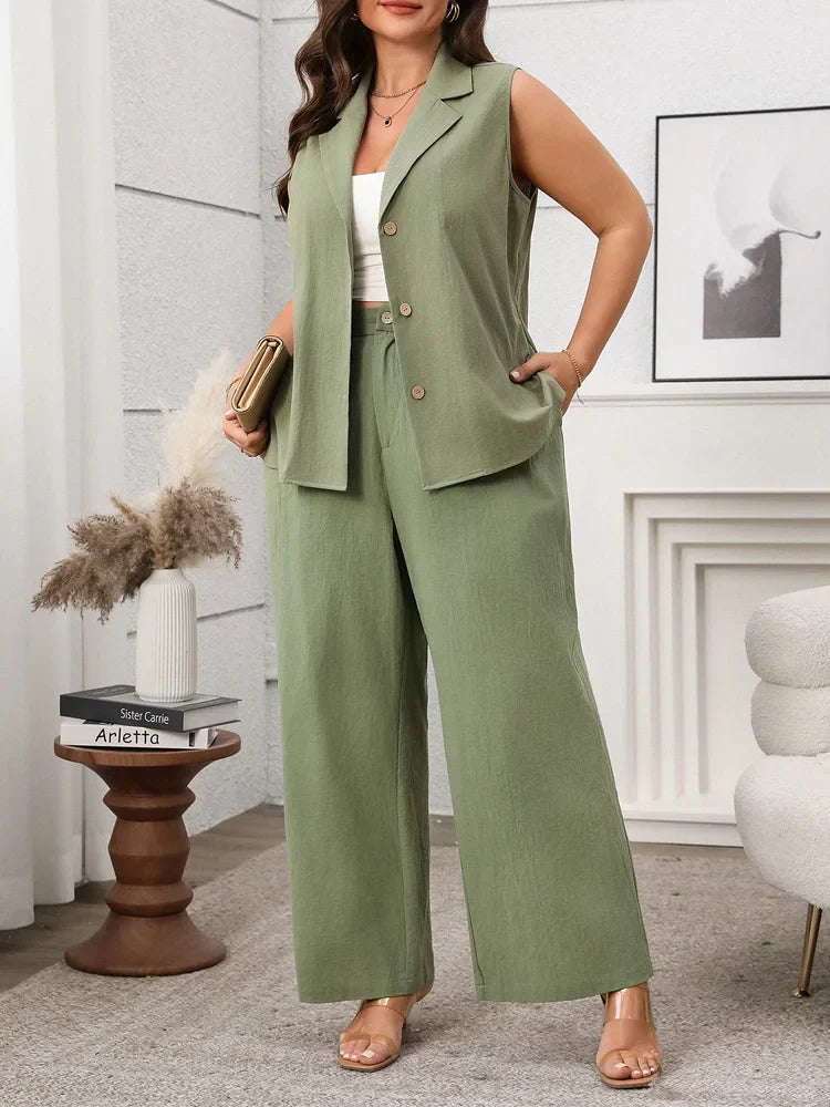 GIBSIE Plus Size Two Piece Set For Women Solid Notched Neck Sleeveless Vest And Wide Leg Pants 2025 Summer Office Ladies Suit