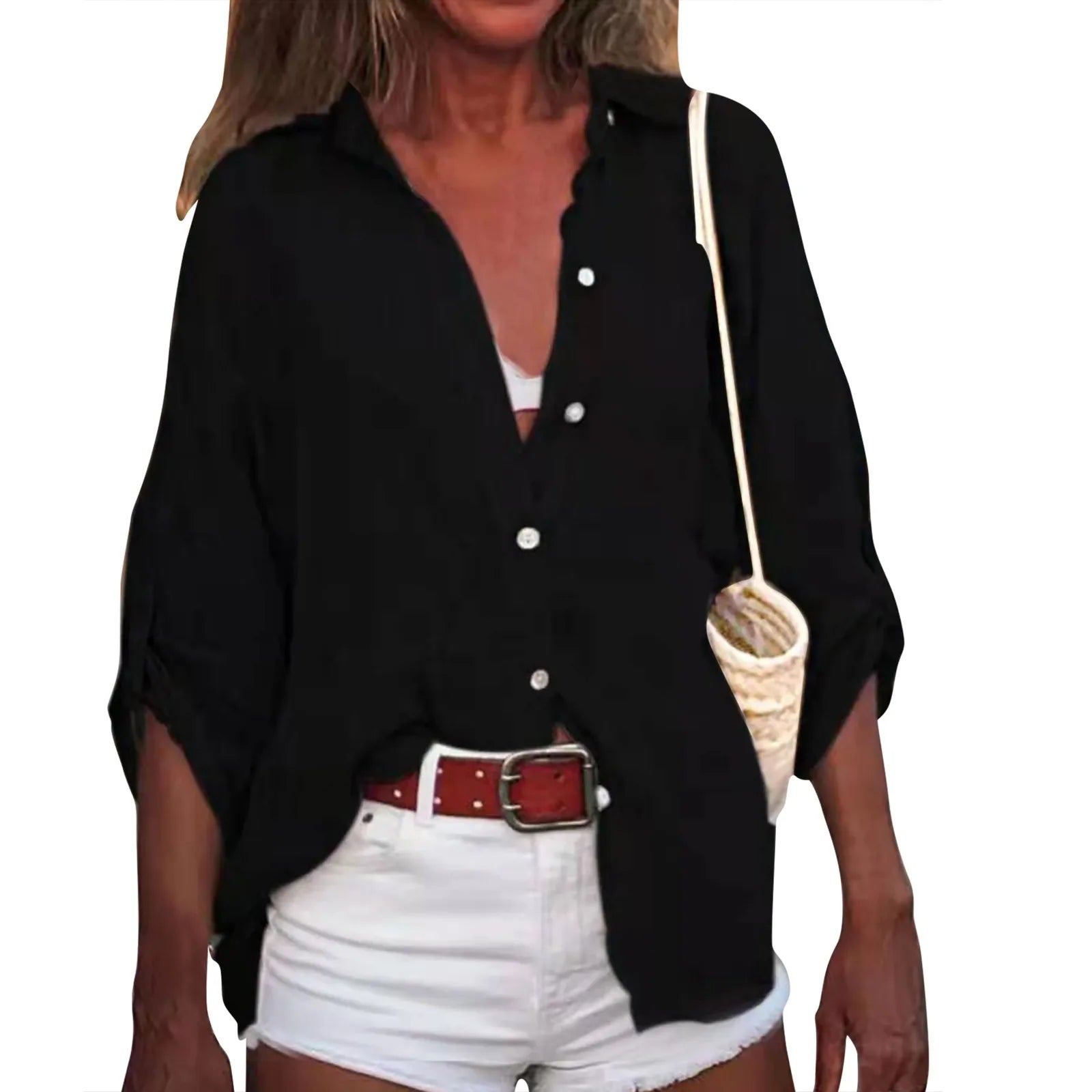 Summer Plus Size Cotton Linen Solid Color Seven-Point Sleeve Shirt V-Neck For Ladies Loose Casual Lightweight Camisas De Mujer