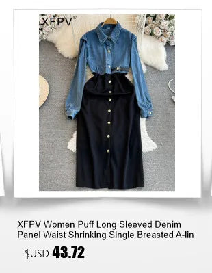 XFPV 2025 Summer Fashion Short Sleeve Round Neck High Waistband Slim A-line Denim Printed Patchwork Dress For Women SM11498