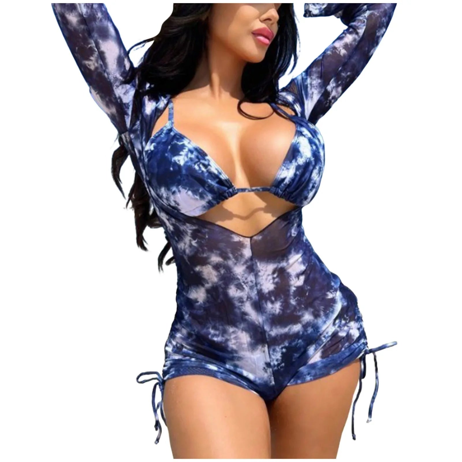 Swimwear Plus Size Women Women'S Printed Tie Dye Bikini Long Sleeve Mesh Three Piece Swimsuit Trajes De BañO Mujer
