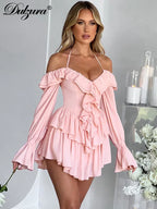 Dulzura Solid Pure Color Halter Ruffle Flare Sleeves Mini Dress 2024 Summer For Women Sexy Elegant Birthday Party Clubwear