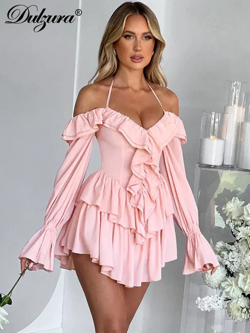 Dulzura Solid Pure Color Halter Ruffle Flare Sleeves Mini Dress 2024 Summer For Women Sexy Elegant Birthday Party Clubwear