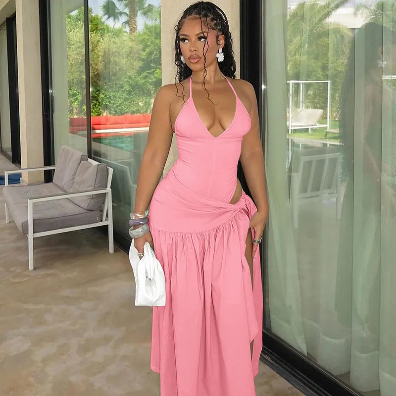 Women Sexy Cut Out Dress Sets Halter Deep V Neck Bodysuit and Tie Maxi Long Skirt Set 2025 Summer Two 2 Piece Vacation Outfits