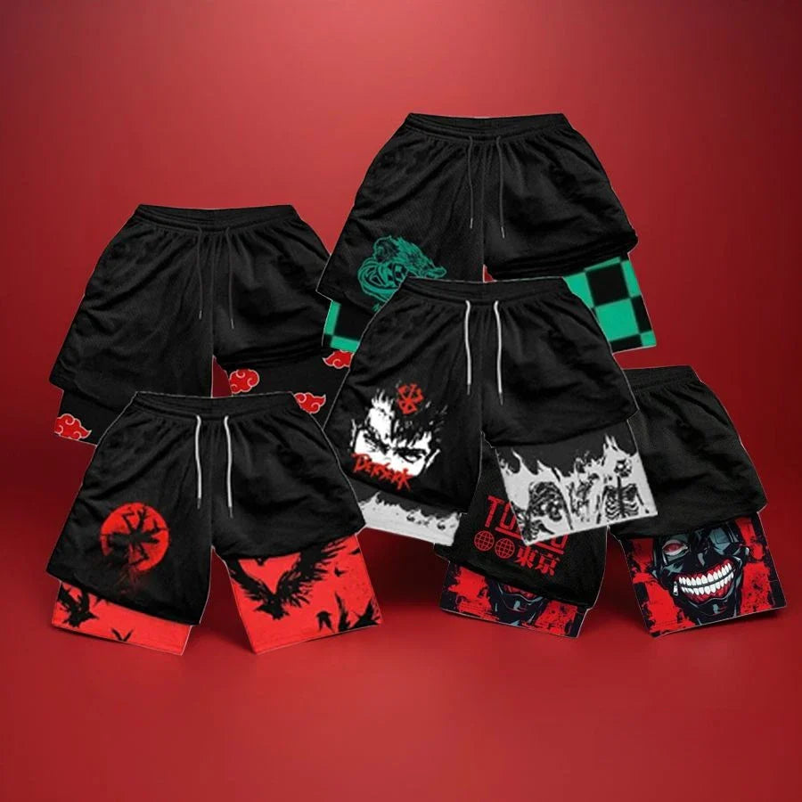 Men's 2 in 1 Anime Graphic Gym Shorts Quick Dry Drawstring Mesh Athletic Running Y2K Shorts Breathable Oversized Elastic Shorts
