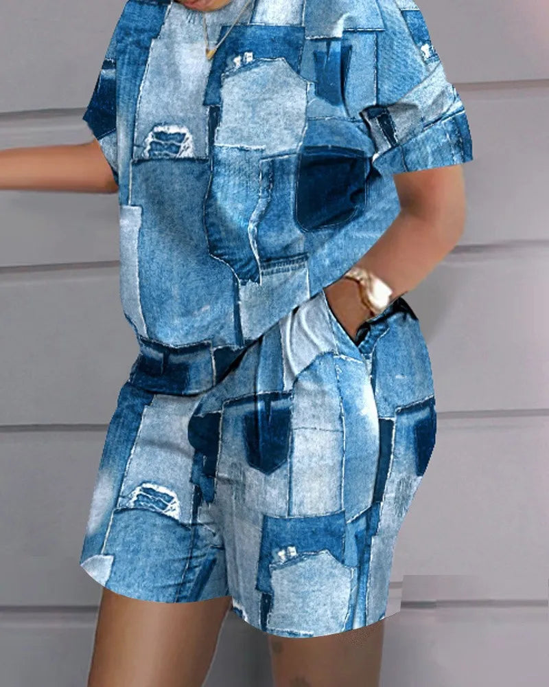 Summer Women's Short Sleeve Shorts Two-piece Set 2024 Fashion Casual Plaid Printed Women's Shorts Pocket Plus Size Set Clothing