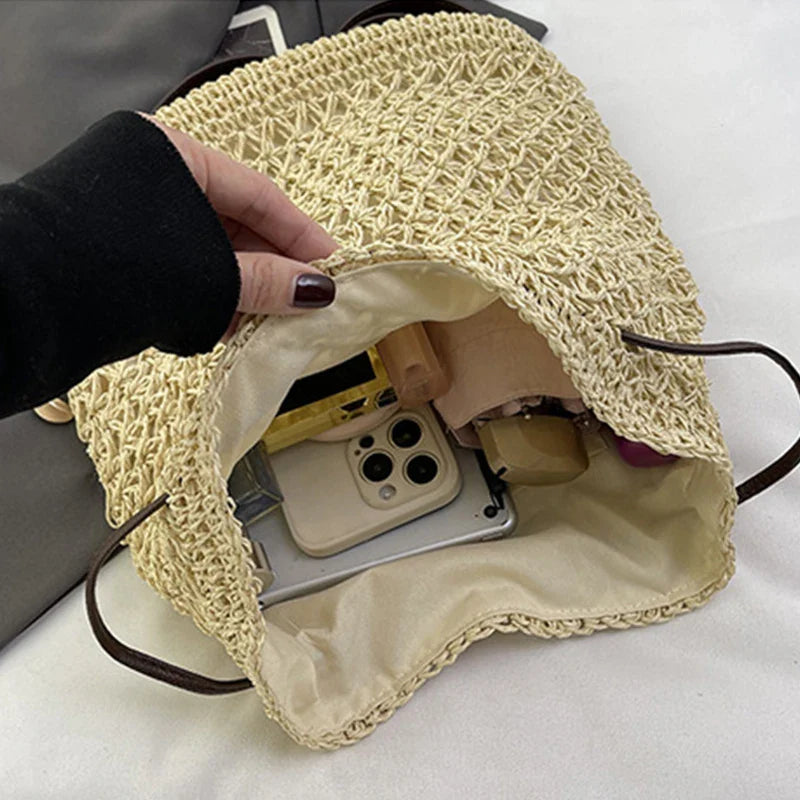 Vintage Straw Backpack Women's Fashion Shoulder Bag Versatile Straw Woven PU Leather Elegant Luxury Designer Backpack