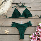 Comfortable Brazilian G-String Swimwear Bandage Stripes Trim Halter Female Bikini Set 2024 New Fashion Chest Pad Beachwear