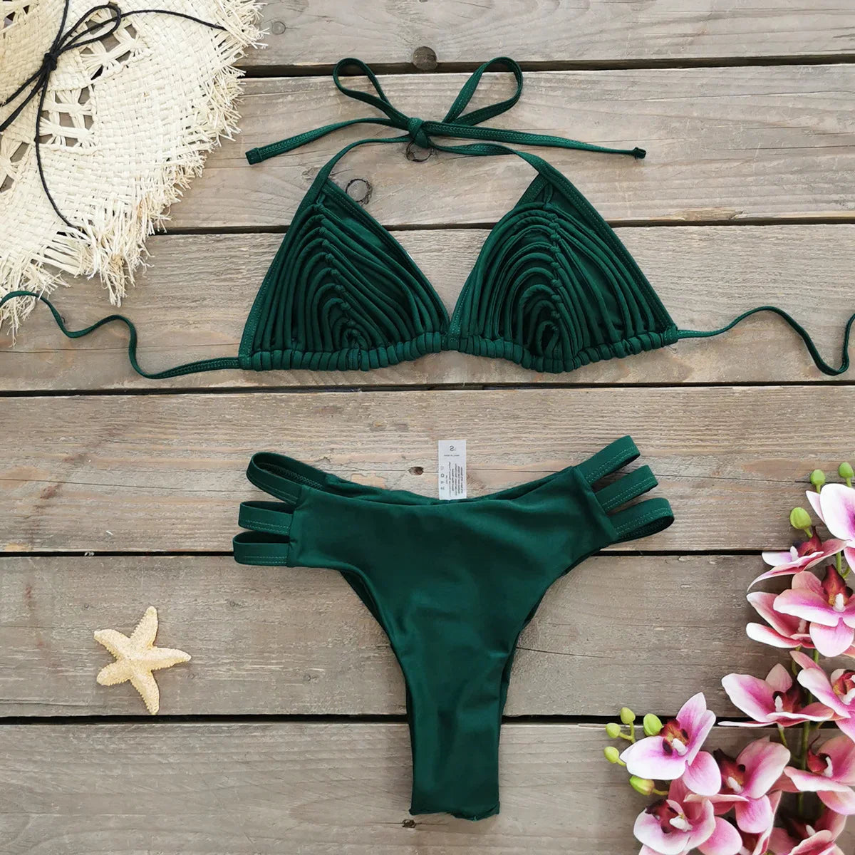 Comfortable Brazilian G-String Swimwear Bandage Stripes Trim Halter Female Bikini Set 2024 New Fashion Chest Pad Beachwear
