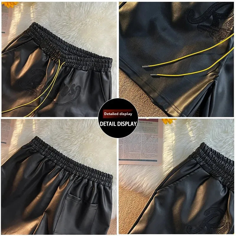 Trendy Brand Men's Shorts Environmental Friendly Leather Pocket Zipper Drawstring Casual Fashionable Summer Loose-Fit Pants