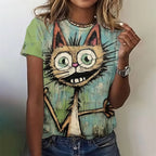 Fashion Woman Funny Cat Print T-Shirts Summer Crew Neck Personalized Graphic T-Shirts Comfort Short Sleeve Tee Woman Clothing