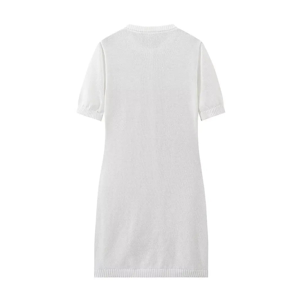 Elegant Women's Knitted Short Sleeve Dress Single Breasted High Waist Button Mini Curvy Dresse Knitwears White Black Summer 2025