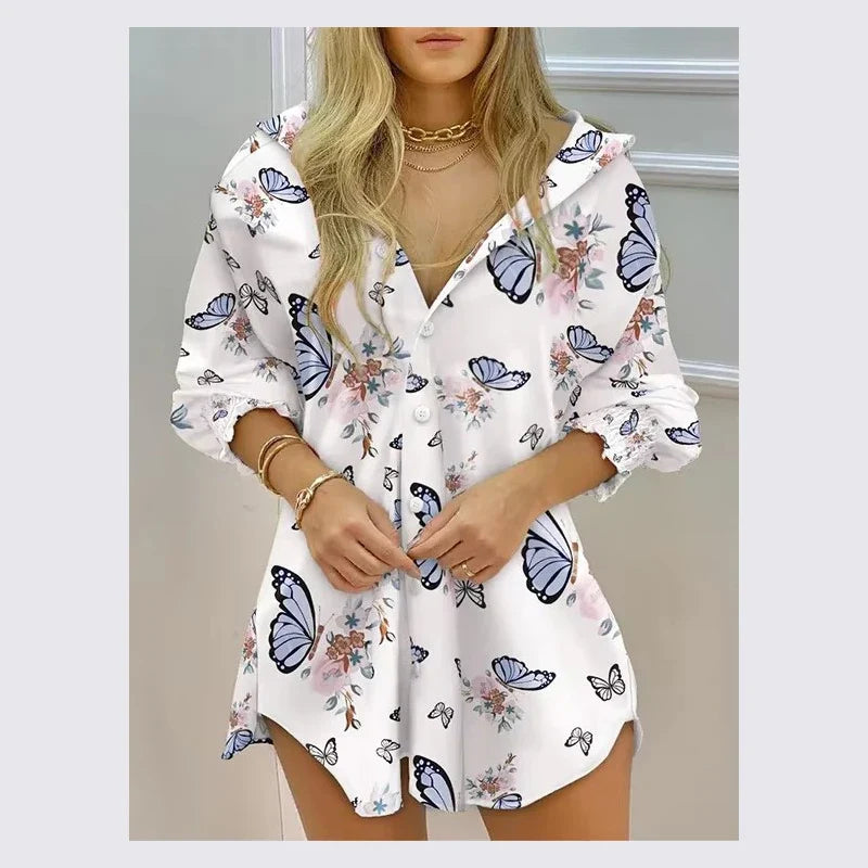 New Women's Spring Summer Printed Long Sleeve Lapel Casual Shirt Dress Ladies Single-breasted Cardigan Irregular Mini Dress 2022