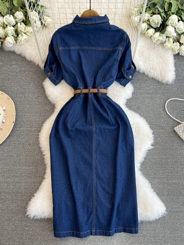 XFPV Women's Sweet Short Denim Dress For Women  Belt Slim Short Sleeved Vestidos Korean Fashion Spring Summer 2025 SM11153