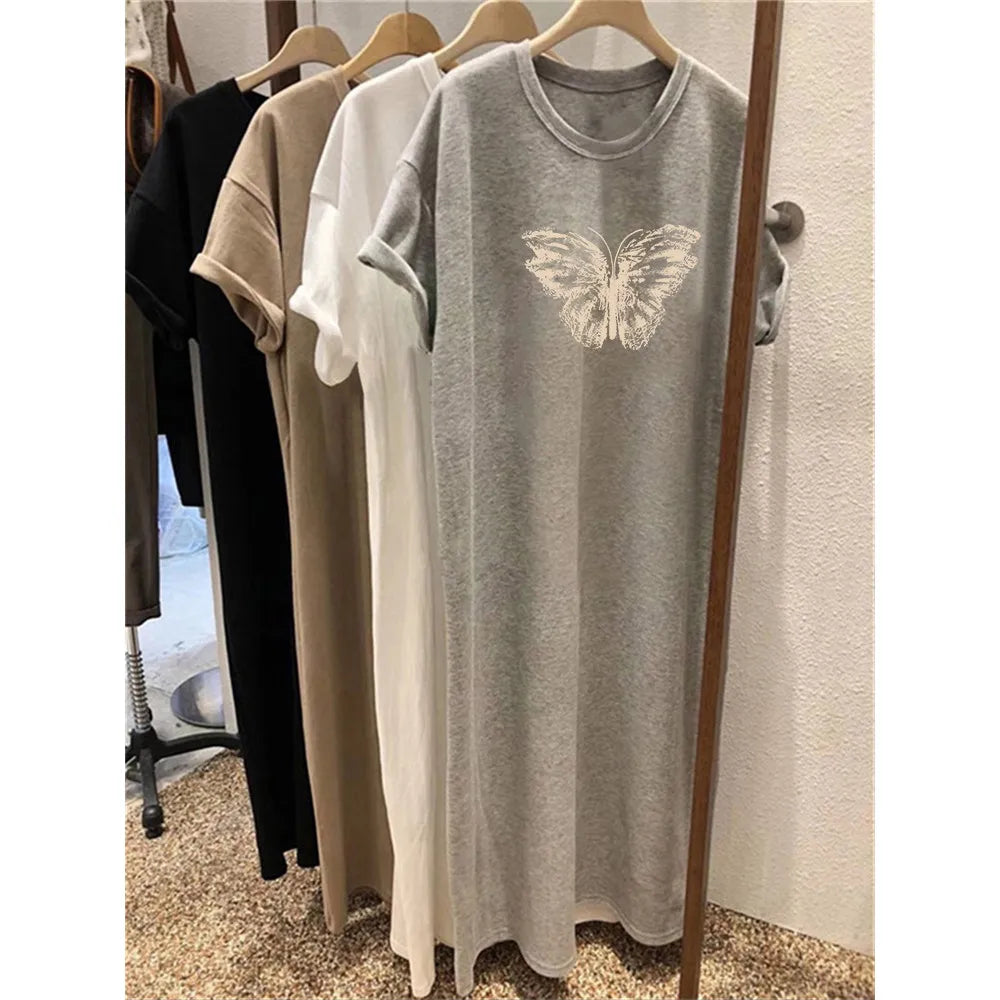 Summer Short Sleeved Dress Women's Korean Ins Butterfly Print Oversized Loose Round Neck Dress