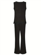 Women's1XL-8XL Plus Size Round Neck Casual Outfits Two Piece Set Solid Tank Top Wide Leg Pants Outfits 2 Piece Set