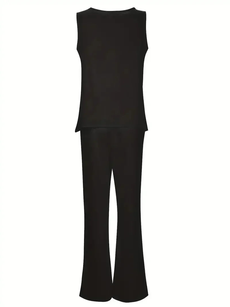 Women's1XL-8XL Plus Size Round Neck Casual Outfits Two Piece Set Solid Tank Top Wide Leg Pants Outfits 2 Piece Set