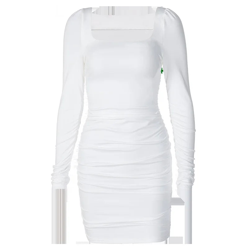 Elegant Square Collar Long Sleeves Folds Slim Bodycon Dress Women Solid Color Skinny Mini Dress Sexy Club Party Vestidos