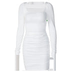 Elegant Square Collar Long Sleeves Folds Slim Bodycon Dress Women Solid Color Skinny Mini Dress Sexy Club Party Vestidos