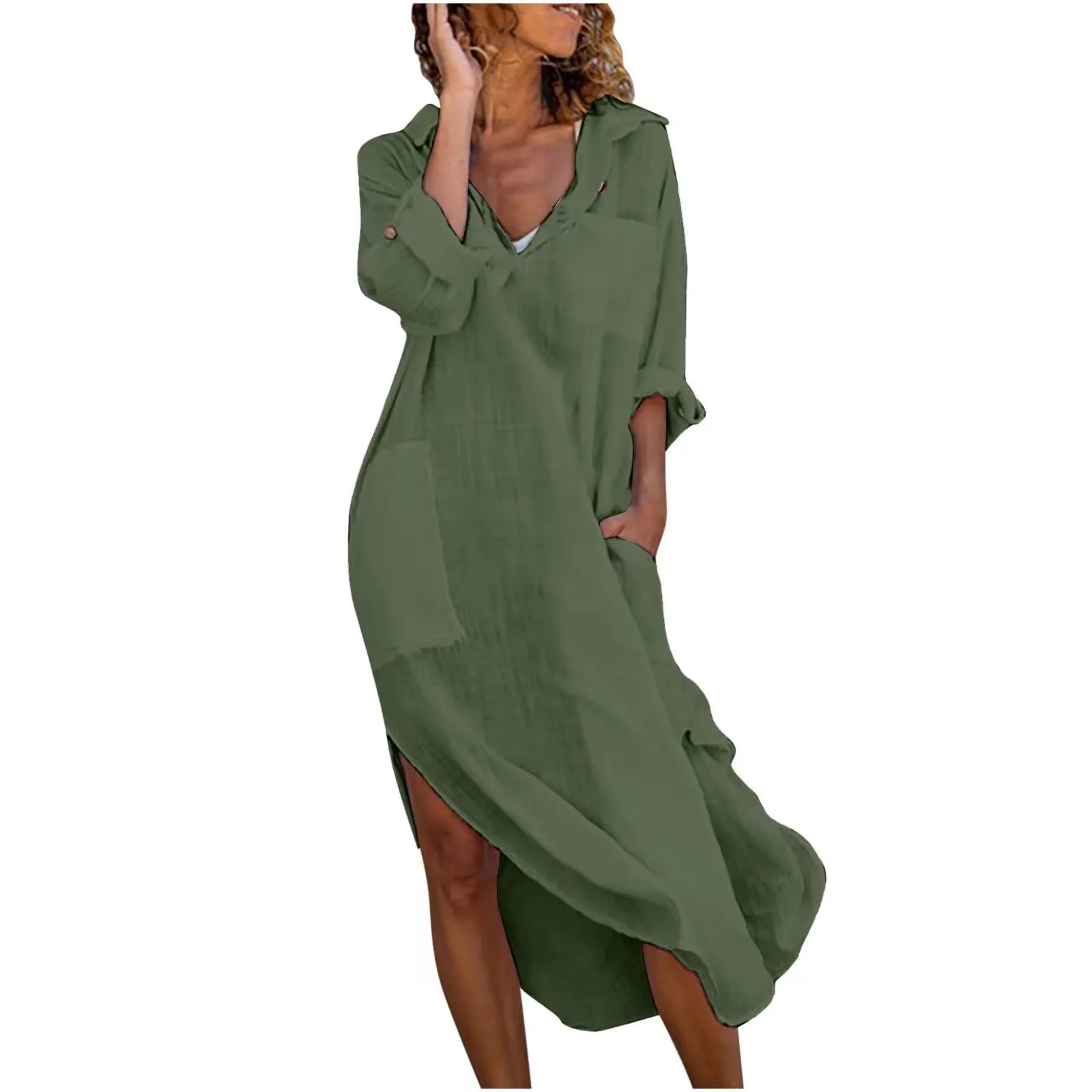 Autumn New Solid Color Cotton Linen Long DressV-neck Button Slit Pockets Loose Breathable Casual Temperament Elegant Shirt Dress