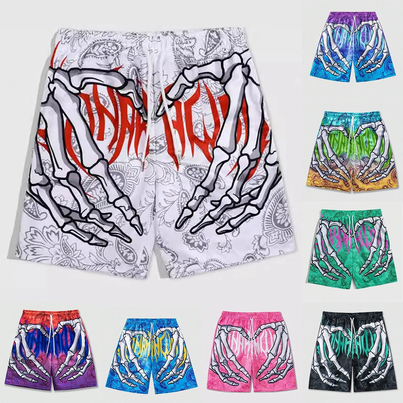 Elastic Waist Jogging Shorts Swim Trunks Board Shorts Summer Beach Shorts With Hand Print Y2k Shorts For Men Ropa Hombre