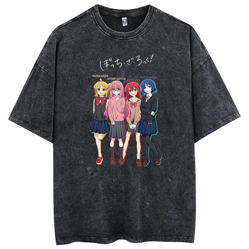 Men Oversized Printed Tshirts Bocchi Club Music Band Anime Bocchi The Rock Cotton Tops Creative Crew Neck Tees Washed TShirt