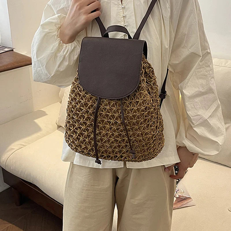 Vintage Straw Backpack Women's Fashion Shoulder Bag Versatile Straw Woven PU Leather Elegant Luxury Designer Backpack