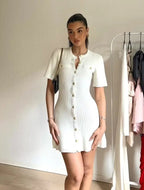 Elegant Women's Knitted Short Sleeve Dress Single Breasted High Waist Button Mini Curvy Dresse Knitwears White Black Summer 2025