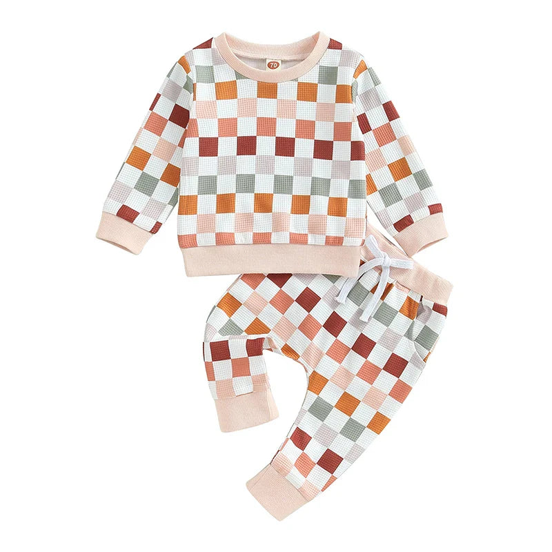 FOCUSNORM 0-3Y Autumn Baby Boys Girls Clothes Sets 2pcs Long Sleeve Checkerboard Plaid Print Sweatshirt Pants