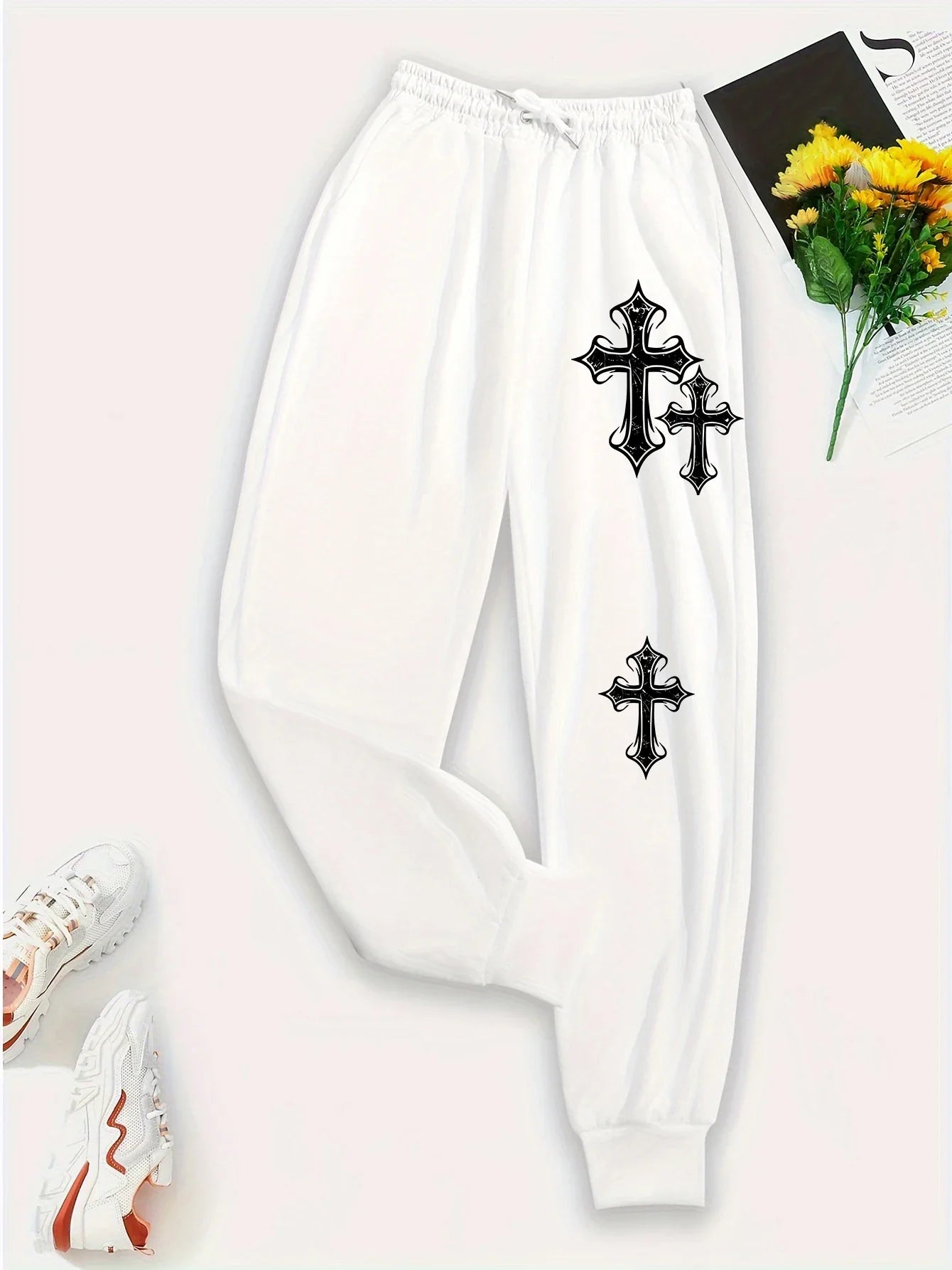 Crucifixion Printing Women'S Autumn Casual Basic Pants Versatile Pocket Drawstring Fashion Trousers Trendy Street Pant Female