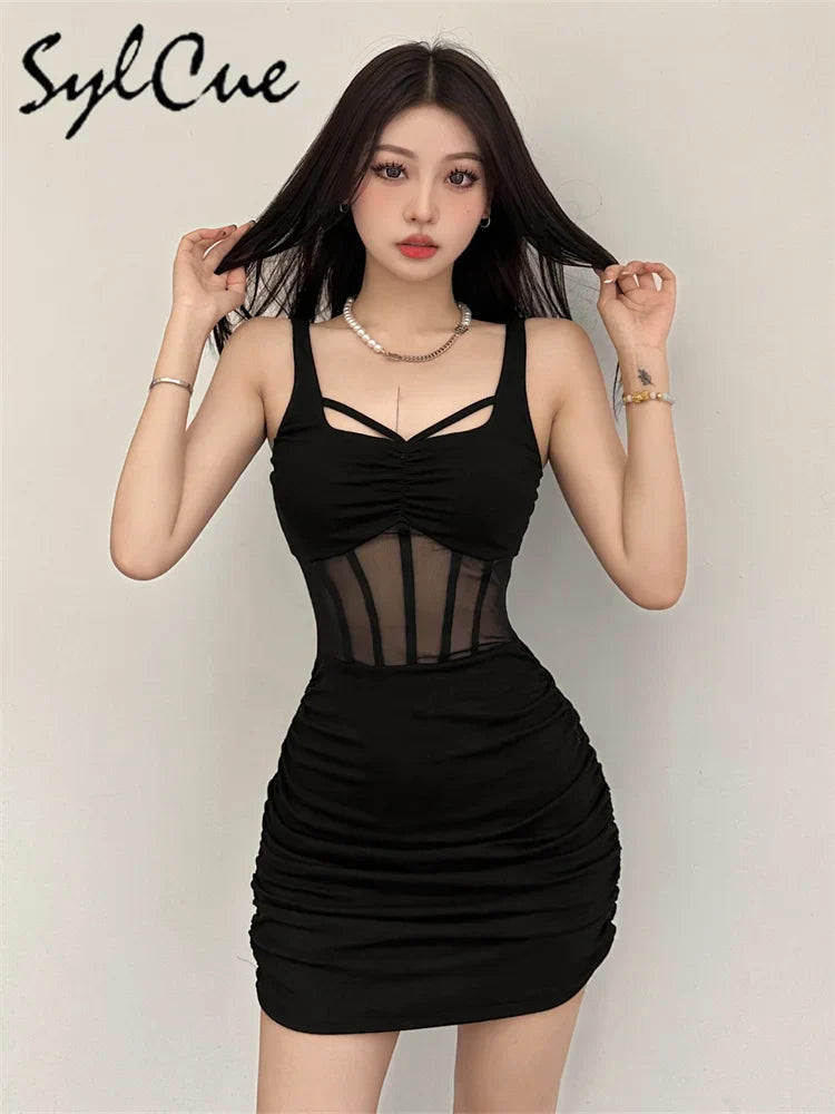 Sylcue Black Mysterious Sexy Mature Beautiful Tight Hot Confident Summer Party Intellectual Elegant Simple Women'S Strap Dress