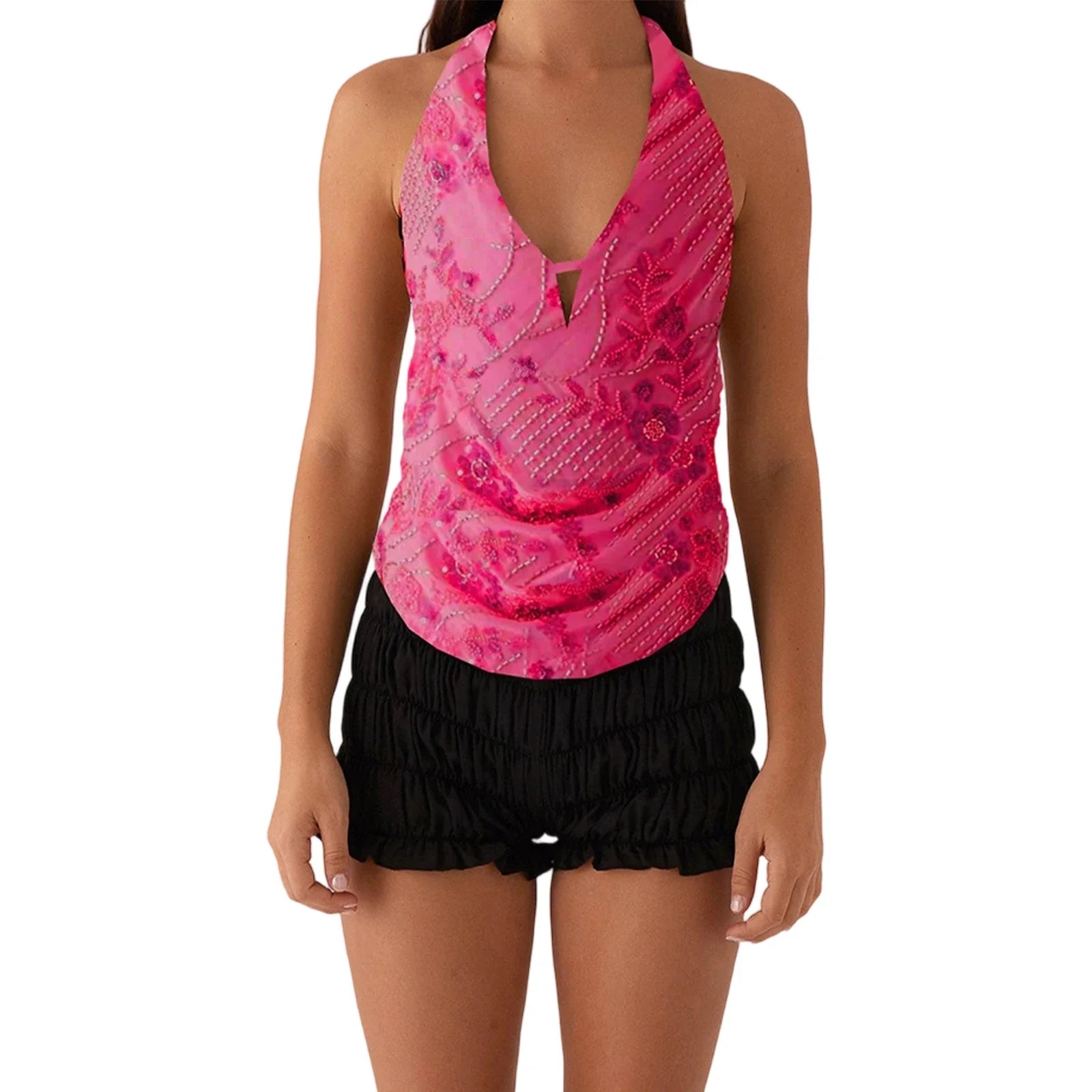 Elegant  Sequins Patchwork Women Halter Tops Summer Beaded Floral Pattern Backless Shirts Vest for Streetwear Aesthetic  Clothes