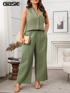 GIBSIE Plus Size Two Piece Set For Women Solid Notched Neck Sleeveless Vest And Wide Leg Pants 2025 Summer Office Ladies Suit