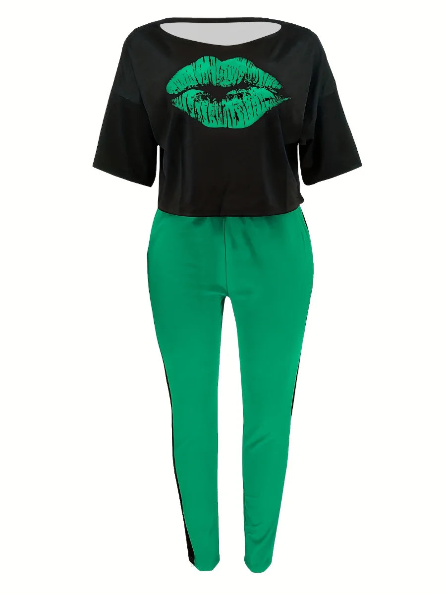 LW Plus Size One Shoulder Lip Print Striped Pants Set Summer Women Fashion Casual Half Sleeve Top & Skinny Long Pants