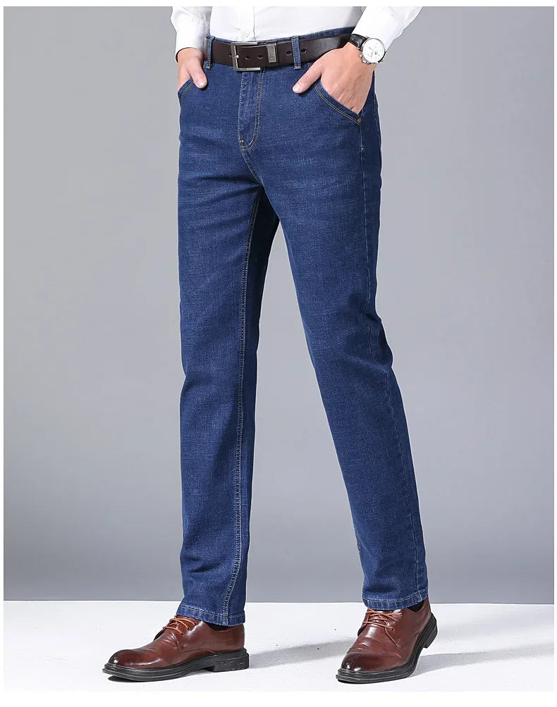 Men's Comfortable Soft Business Casual Denim Trousers Slim Fit Straight Pants Fashion Male Brand Light Luxury Stretch Clothing
