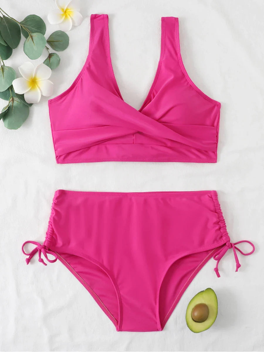Drawstring High Waist Bikini 2023 Women Solid Swimwear Female Cross Front Swimsuit Padded Beachwear Bather Bathing Swimming Suit