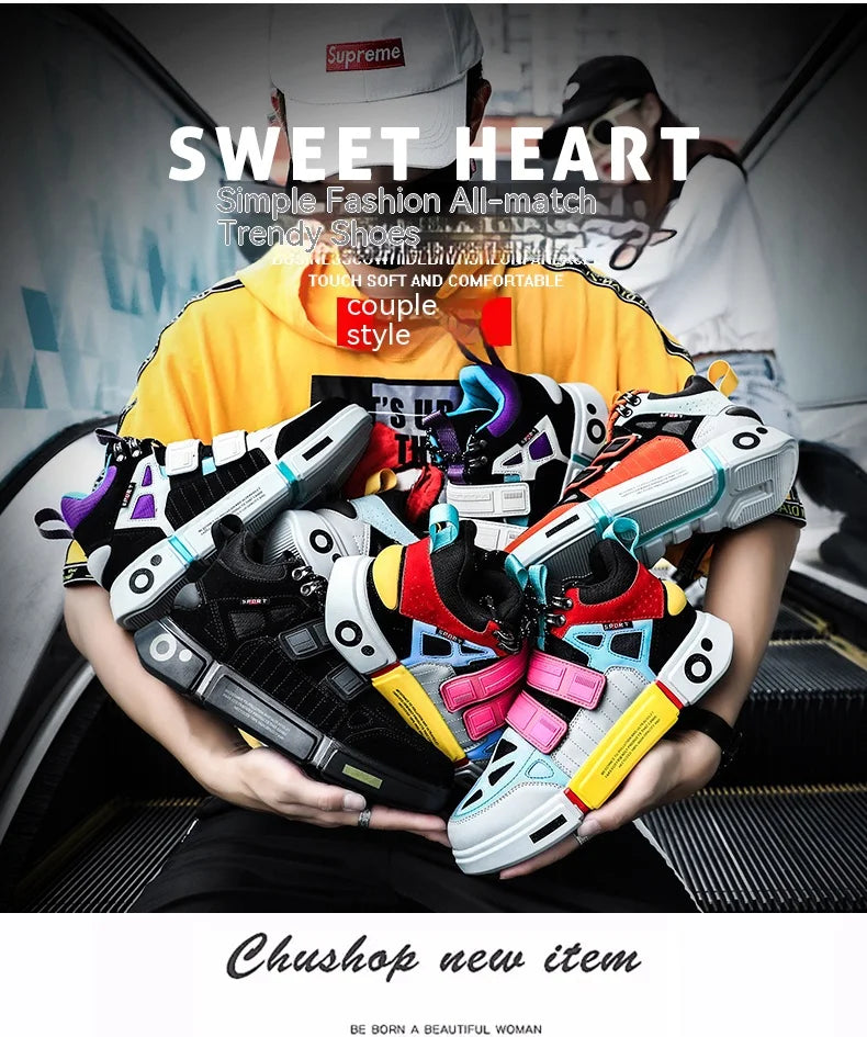 Wudao student couple sports board shoes Women's new non-slip thick soled sports shoes men ventilated Velcro casual shoes