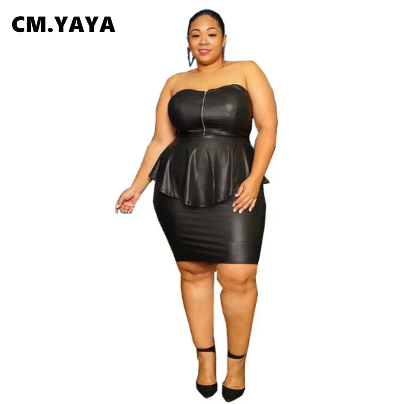 Waterarea Plus Size Elegant Faux Leather Bodycon Midi Skirt Suit  Women Strapless Zipper Fly Ruffles Top Two 2 Piece Set Outfits